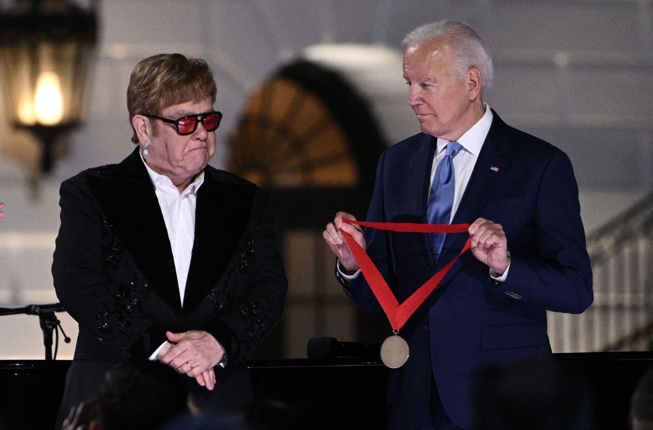 Singer Elton John becomes emotional as US President Joe Biden <a href="https://www.cnn.com/2022/09/23/politics/elton-john-humanities-medal-white-house-performance-biden/index.html" target="_blank">presents him with the National Humanities Medal</a> at the end of a concert held on the South Lawn of the White House on Friday, September 23. John performed a number of hit songs during "A Night When Hope and History Rhyme," a concert in collaboration with A&E Networks and The History Channel.
