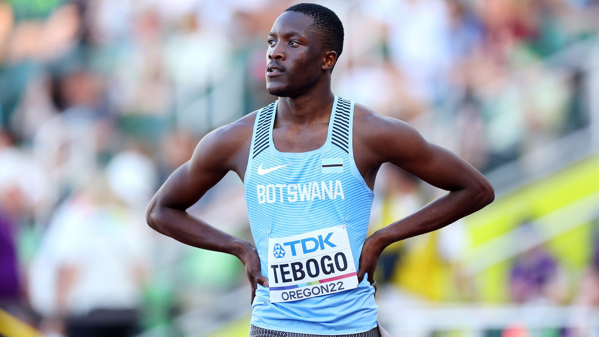 Tebogo looks on during the 100-meter heats at this year's World Athletics Championships in Oregon.