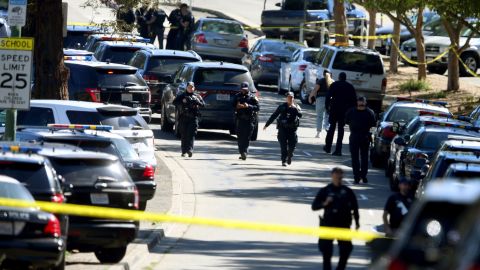 Law enforcement officers from different agencies were on the scene following a shooting at a school campus in Oakland, California, on September 28, 2022. 