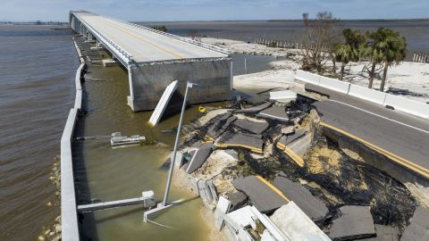 A section of the Sanibel Causeway is seen on Thursday after it collapsed due to the effects of the storm.. 