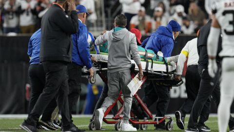 Miami Dolphins quarterback Tua Tagovailoa is taken off the field on a stretcher during the first half of an NFL football game against the Cincinnati Bengals, on September 29 in Cincinnati. 