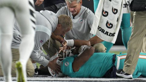 Tua Tagovailoa being examined in a game against the Cincinnati Bengals on Sept. 29.