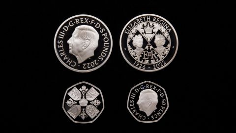 The reverse sides of the £5 and 50 pence coins will commemorate Queen Elizabeth II.