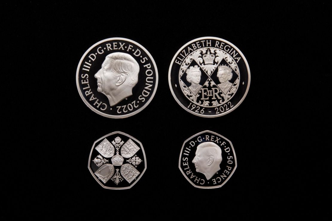 The reverse sides of the £5 and 50 pence coins will commemorate Queen Elizabeth II.