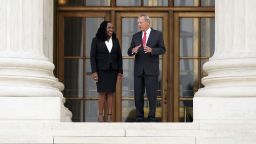 Supreme Court Associate Justice Ketanji Brown Jackson stands outside the Supreme Court with Chief Justice of the United States John Roberts, following her formal investiture ceremony at the Supreme Court in Washington, Friday, Sept. 30, 2022. (AP Photo/Carolyn Kaster)