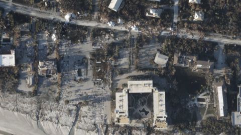 An aerial view of the Shallmar Cottages and Motel on Sanibel Island, Florida, after Hurricane Ian.