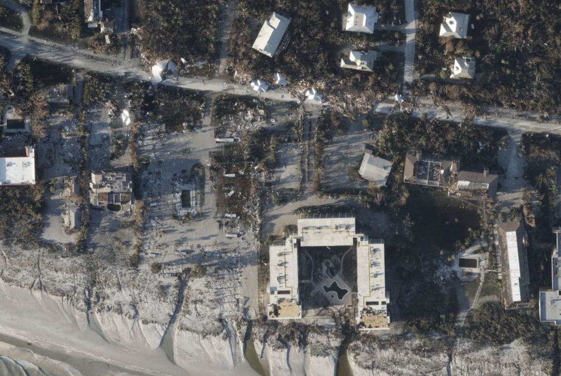 An aerial view of the Shallmar Cottages and Motel on Sanibel Island, Florida, after Hurricane Ian.