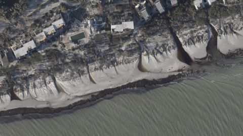 An aerial view of beach erosion near Casa Ybel Beach Resort on Sanibel Island, Florida, after Hurricane Ian.
