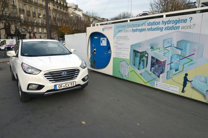 Hyundai was among the first to debut a commercial hydrogen-powered model in <a href="index.php?page=&url=https%3A%2F%2Fwww.hyundai.com%2Fworldwide%2Fen%2Fcompany%2Fnewsroom%2Fhyundai-ix35-fuel-cell-0000001596" target="_blank" target="_blank">2015</a>. The ix35 Fuel Cell vehicle, shown here during a demonstration in Paris that same year, first rolled off the production line in Korea in February 2013.