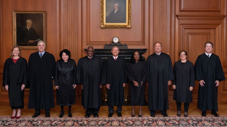 Jackson poses with other members of the Supreme Court as a<a href="index.php?page=&url=https%3A%2F%2Fwww.cnn.com%2F2022%2F09%2F30%2Fpolitics%2Fjustice-ketanji-brown-jackson-investitutre%2Findex.html" target="_blank"> formal investiture ceremony</a> was held in September 2022. From left are Amy Coney Barrett, Neil Gorsuch, Sonia Sotomayor, Clarence Thomas, Chief Justice John Roberts, Jackson, Samuel Alito, Elena Kagan and Brett Kavanaugh.