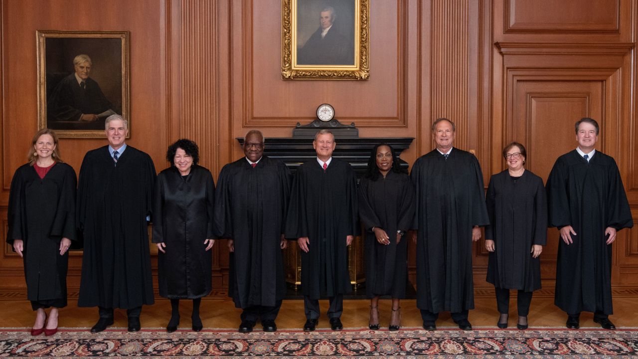 Jackson poses with other members of the Supreme Court as a<a href="https://www.cnn.com/2022/09/30/politics/justice-ketanji-brown-jackson-investitutre/index.html" target="_blank"> formal investiture ceremony</a> was held in September 2022. From left are Amy Coney Barrett, Neil Gorsuch, Sonia Sotomayor, Clarence Thomas, Chief Justice John Roberts, Jackson, Samuel Alito, Elena Kagan and Brett Kavanaugh.