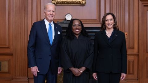 Justice Keitanji Brown Jackson poses with President Joe Biden and Vice President Kamala Harris on Friday.
