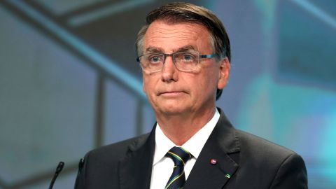 Bolsonaro looks on during a televised debate organized by a pool of local media at SBT Studios on September 24, 2022 in Sao Paulo, Brazil.