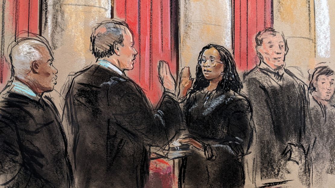 Chief Justice John Roberts administers the ceremonial oath to Ketanji Brown Jackson on Friday.