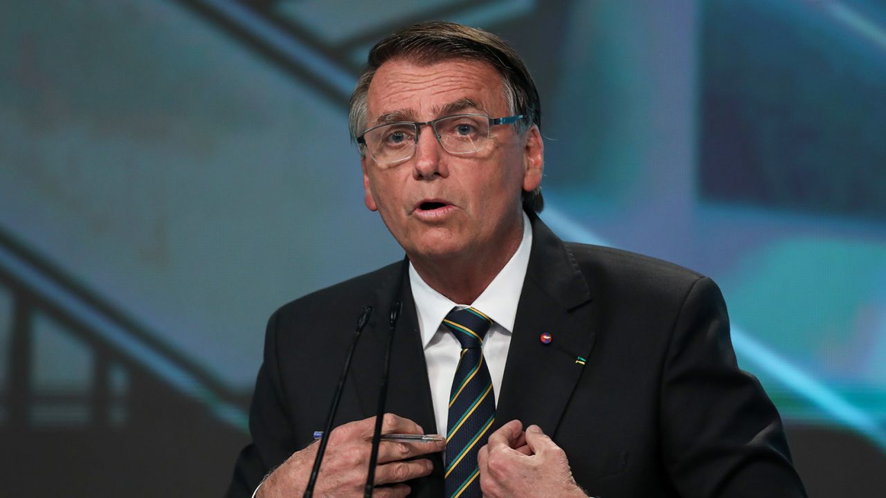 President of Brazil and current presidential candidate Jair Bolsonaro speaks during a televised debate organized by a pool of local media at SBT Studios on September 24, 2022 in Sao Paulo, Brazil. 