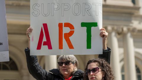 Supporters of New York City's arts and cultural activites rallied in 2017 to denounce potential cuts to funding for the National Endowment for the Arts and National Endowment for the Humanities in the federal budget. 