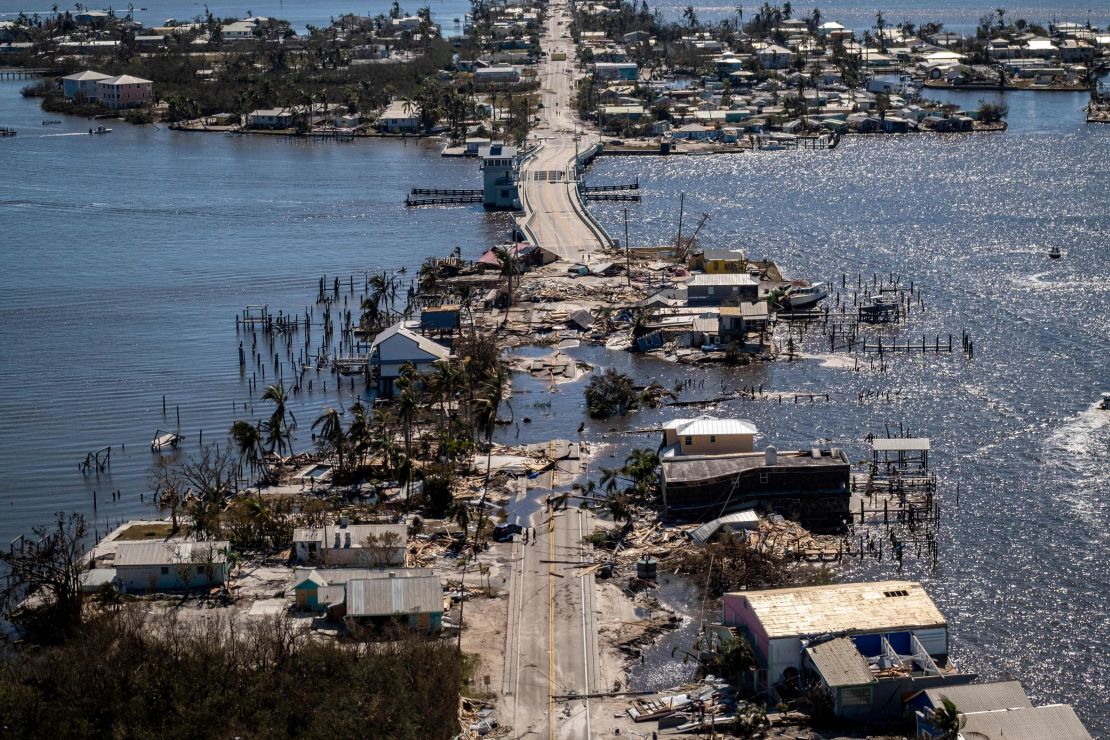 An aerial picture taken on Friday shows the only access to the Matlacha neighborhood destroyed in the aftermath of Hurricane Ian in Fort Myers, Florida. 