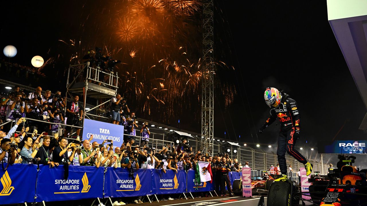 Sergio Perez celebrates in parc ferme during the F1 Grand Prix of Singapore at Marina Bay Street Circuit.