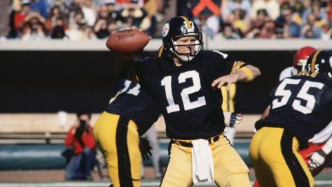 Pittsburgh Steelers' quarterback Terry Bradshaw prepares to throw a pass to one of his fellow teammates in 1978.