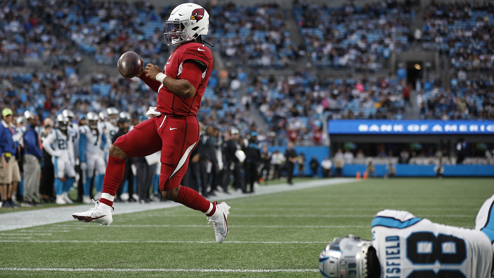 Arizona Cardinals QB Kyler Murray runs in a touchdown in the fourth against the Carolina Panthers at Bank of America Stadium on October 2 in Charlotte. Murray's TD was part of a fourth quarter flurry which saw the Cards pull away from the Panthers to go .500 on the year so far.