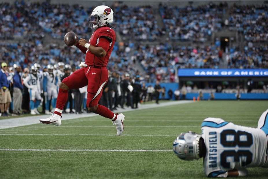 Arizona Cardinals QB Kyler Murray runs in a touchdown in the fourth against the Carolina Panthers at Bank of America Stadium on October 2 in Charlotte. Murray's TD was part of a fourth quarter flurry which saw the Cards pull away from the Panthers to go .500 on the year so far.