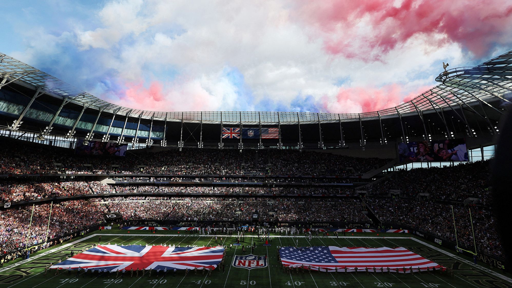 Fireworks and pyrotechnics go off ahead of the Minnesota Vikings and New Orleans Saints clash in London — the NFL's 100th international game. The Vikings won the game when the Saints' "double doink" kick — when the ball hits two parts of the uprights on a scoring attempt — fell short and let Minnesota return to the US with the 28-25 win.