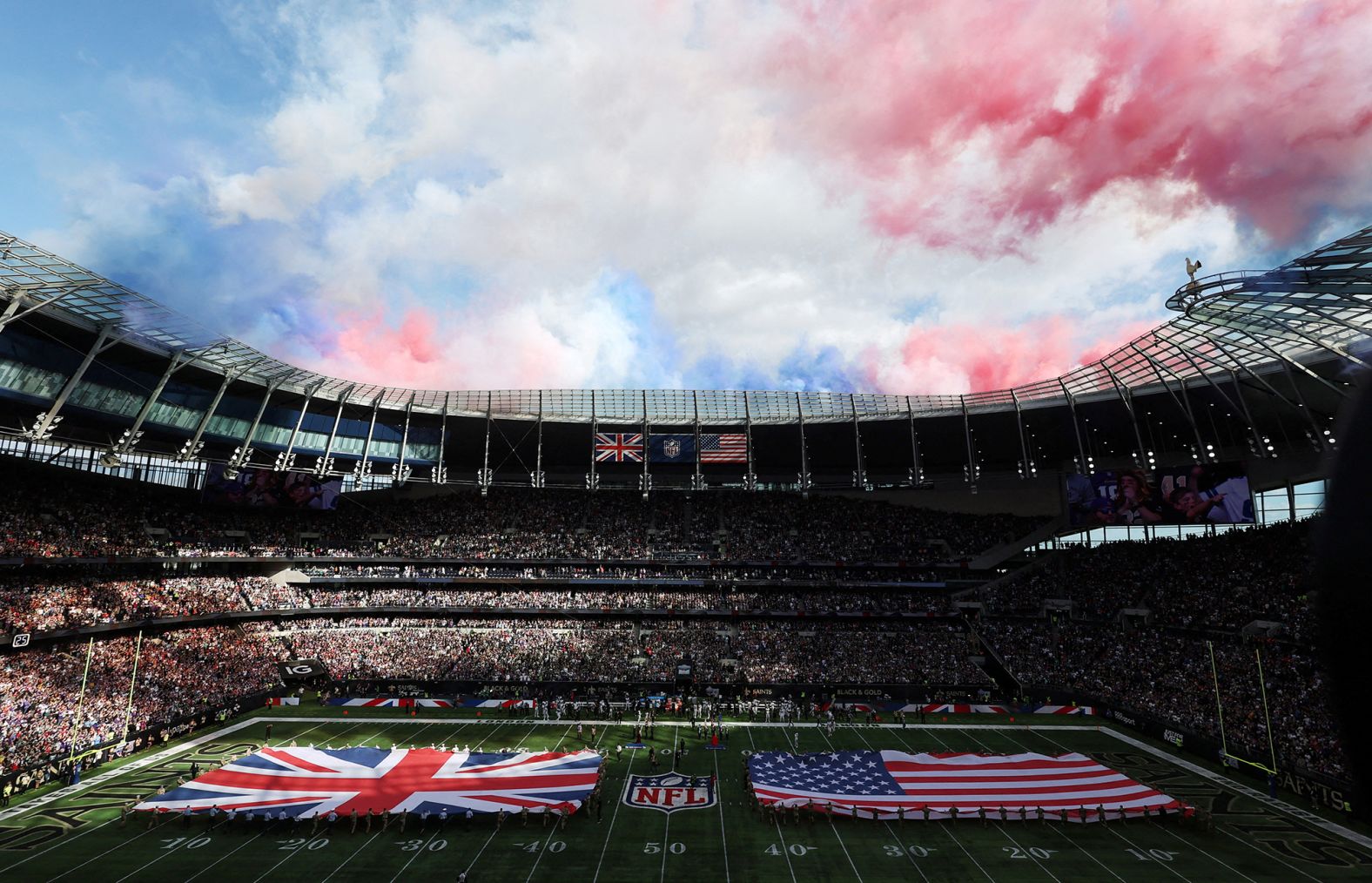 Fireworks and pyrotechnics go off ahead of the Minnesota Vikings and New Orleans Saints clash in London — the NFL's 100th international game. The Vikings won the game when the Saints' "double doink" kick — when the ball hits two parts of the uprights on a scoring attempt — fell short and let Minnesota return to the US with the 28-25 win.