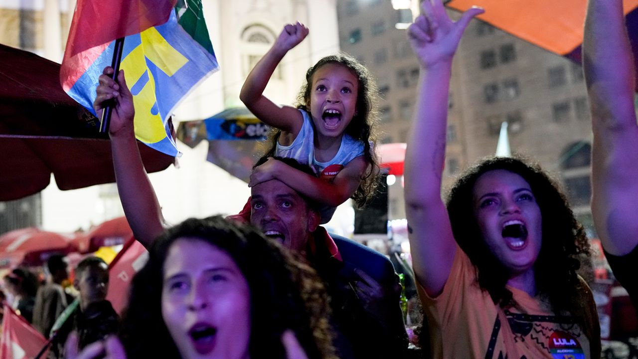Followers of former Brazilian President Luiz Inacio "Lula" da Silva react as they listen to the partial results after polls closed in Rio de Janeiro on October 2, 2022. 