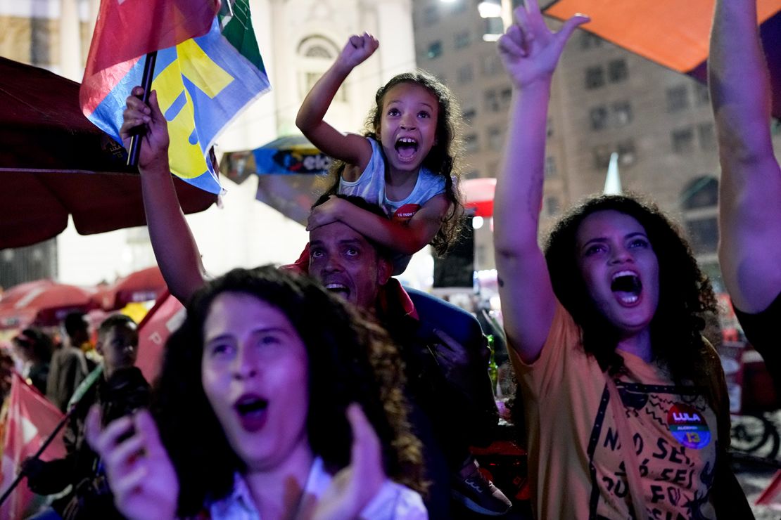 Followers of former Brazilian President Luiz Inacio "Lula" da Silva react as they listen to the partial results after polls closed in Rio de Janeiro on October 2, 2022. 