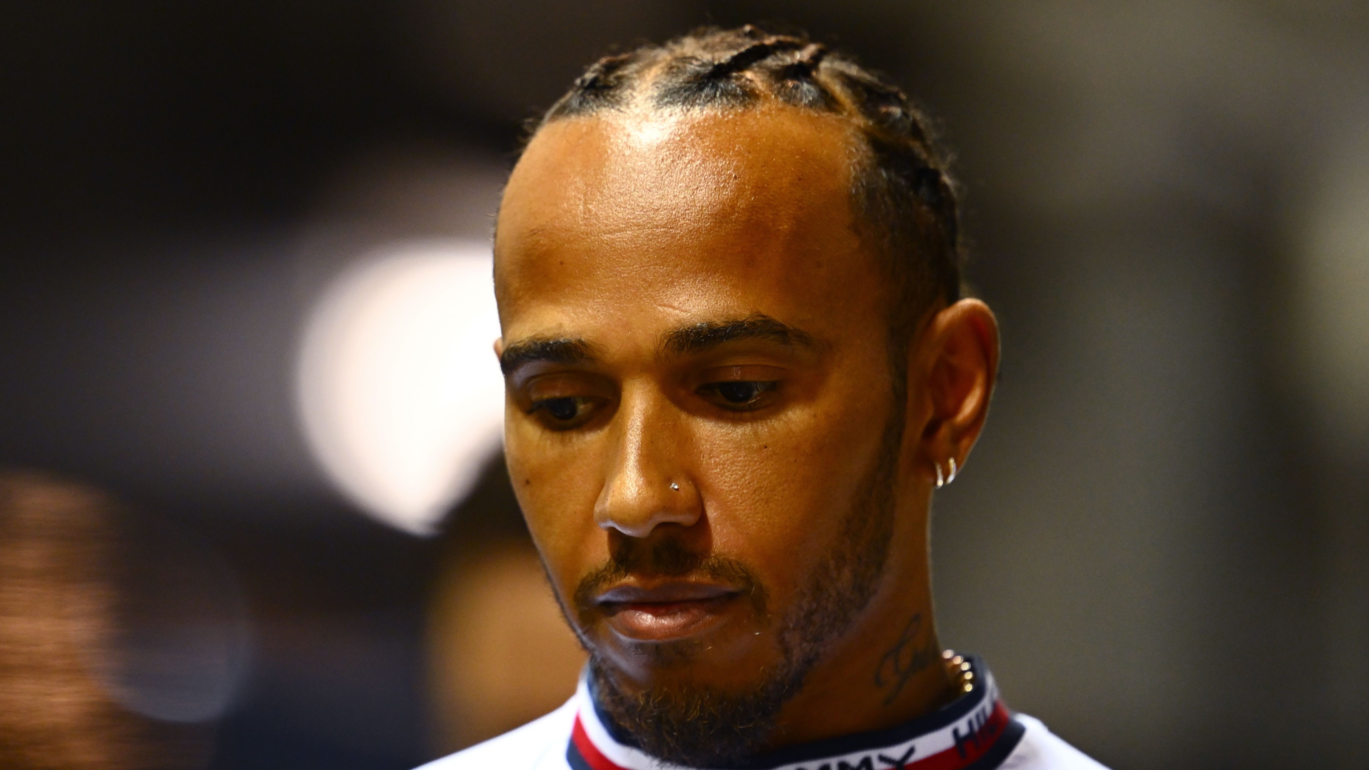 Lewis Hamilton wearing his nose piercing in the paddock at the Singapore Grand Prix. 