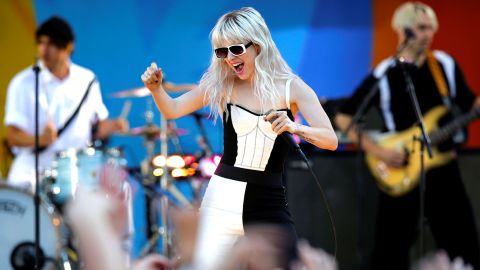 Hayley Williams of Paramore, pictured performing in 2017, has resumed singing "Misery Business" on tour. The song was the band's first hit but courted controversy for containing a term derogatory toward women.