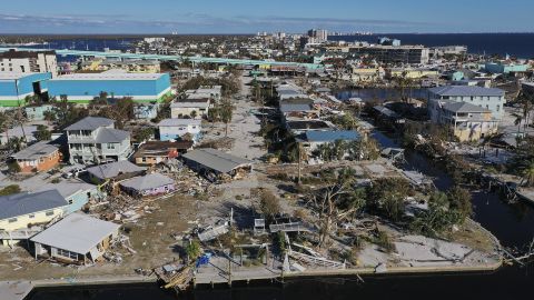 This aerial view shows the destruction left in the wake of Hurricane Ian on October 02, 2022 in Fort Myers Beach, Florida.