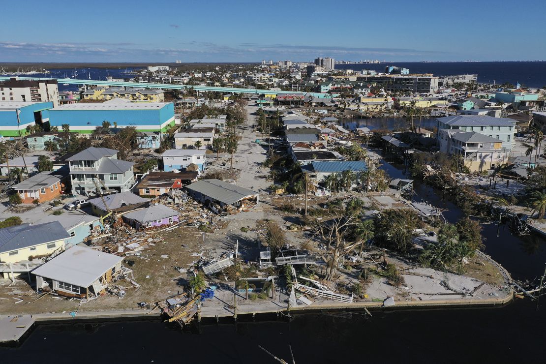This aerial view shows the destruction left in the wake of Hurricane Ian on October 02, 2022 in Fort Myers Beach, Florida. 