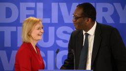 Secretary of State for Business, Energy and Industrial Strategy Kwasi Kwarteng (R) intridcues Conservative leadership candidate Liz Truss (L) as she launches her campaign to become the next Prime Minister on July 14, 2022 in London, England.