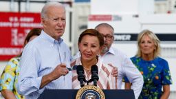 U.S. President Joe Biden embraces Chairwoman Nydia Velazquez as he delivers remarks at Port of Ponce, Puerto Rico, October 3, 2022. REUTERS/Evelyn Hockstein