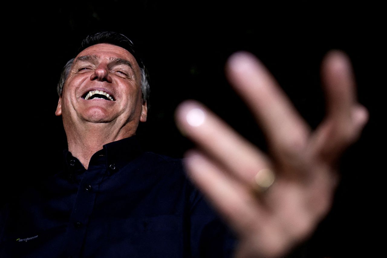 Bolsonaro speaks after the results of the first round of the presidential election at the Alvorada Palace in Brasilia on October 2.<br />