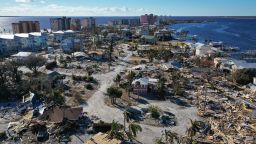 FORT MYERS BEACH, FLORIDA - OCTOBER 02:   In this aerial view, the destruction left in the wake of Hurricane Ian is shown on October 02, 2022 in Fort Myers Beach, Florida. Fort Myers Beach sustained severe damage by the Category 4 hurricane which caused extensive damage to the southwest portion of Florida.  (Photo by Win McNamee/Getty Images)