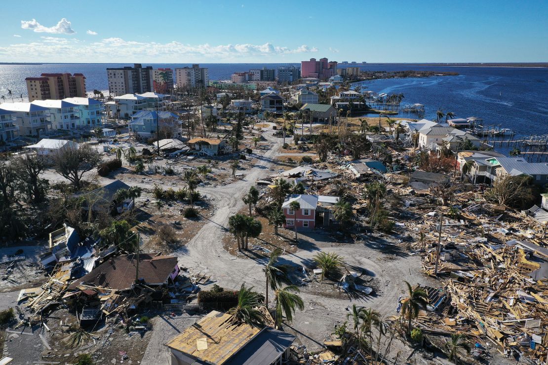 The destruction left in the wake of Hurricane Ian is shown on October 2, 2022 in Fort Myers Beach.