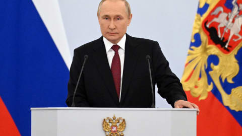 Russian President Vladimir Putin gives a speech during a ceremony formally annexing four regions of Ukraine Russian troops occupy - Lugansk, Donetsk, Kherson and Zaporizhzhia, at the Kremlin in Moscow on September 30, 2022. (Photo by Grigory SYSOYEV / SPUTNIK / AFP) (Photo by GRIGORY SYSOYEV/SPUTNIK/AFP via Getty Images)