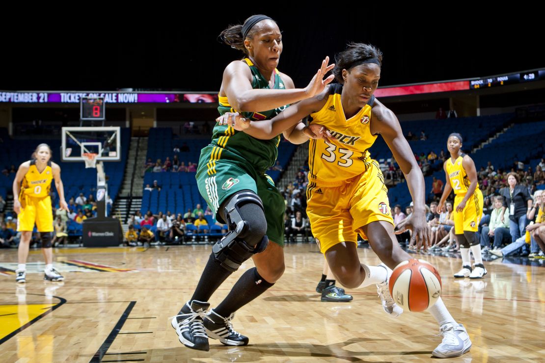 Jackson (R) during her Tulsa Shock days, driving to the basket against Le'Coe Willingham of the Seattle Storm on June 21, 2011 at the BOK Center in Oklahoma.