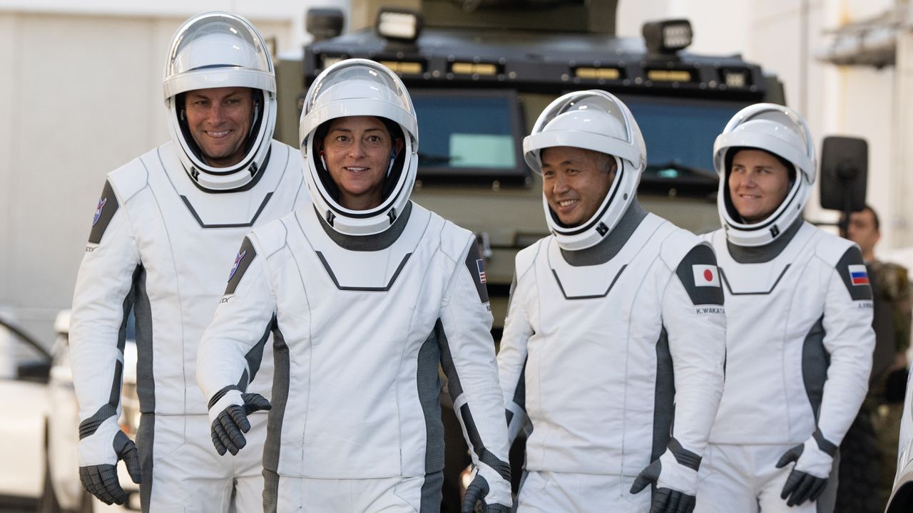 (From left) NASA astronauts Josh Cassada and Nicole A. Mann, JAXA astronaut Koichi Wakata, and Roscosmos cosmonaut Anna Kikina are shown during rehearsal at Kennedy Space Center in Florida. 