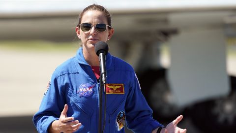 NASA astronaut Nicole A Mann speaks during a news conference at Kennedy Space Center in Florida on Oct.