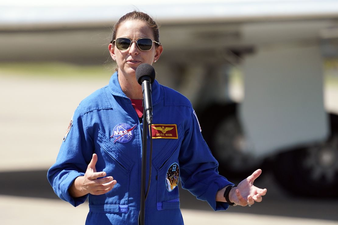NASA astronaut Nicole A. Mann speaks during a news conference at the Kennedy Space Center in Florida on October 1.