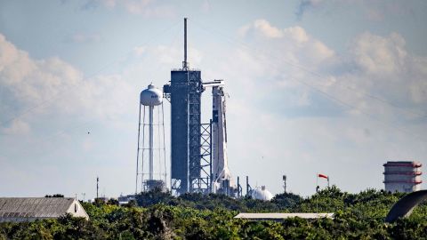 The SpaceX Falcon 9 rocket with the aerospace company's Crew Dragon spacecraft rests at launch pad 39A on October 3. 