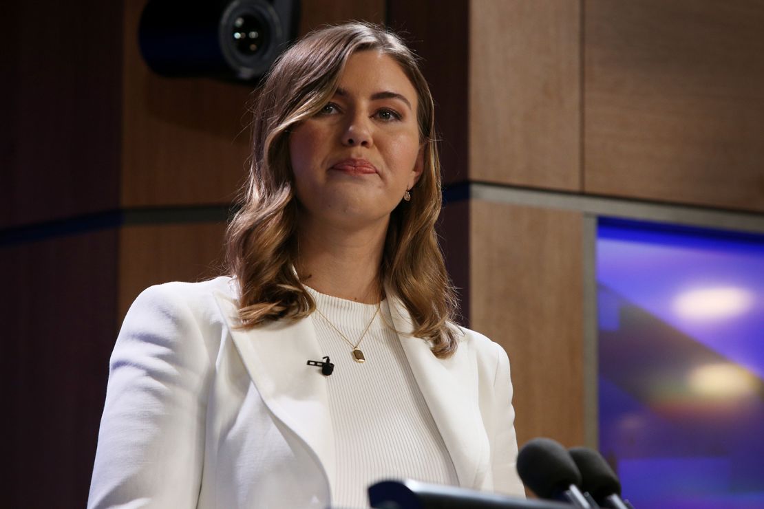 Brittany Higgins, a former Liberal Party staff member addresses the media at the National Press Club on February 09, 2022 in Canberra, Australia.