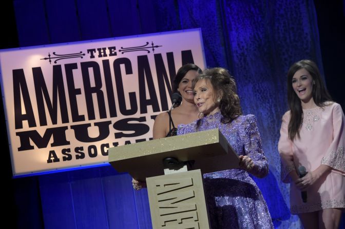 Lynn accepts the Lifetime Achievement Award for Songwriting at the Americana Music Association Honors and Awards Show at the Ryman Auditorium in Nashville in 2014. 