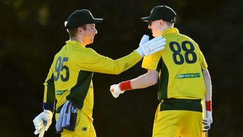 Nero congratulates a teammate during the International Cricket Inclusion Series at Northern Suburbs District Cricket Club on June 10 in Brisbane, Australia.