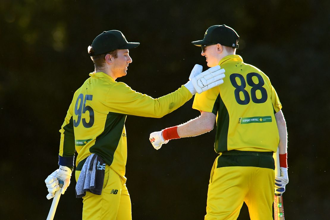 Nero congratulates a teammate during the International Cricket Inclusion Series at Northern Suburbs District Cricket Club on June 10 in Brisbane, Australia.