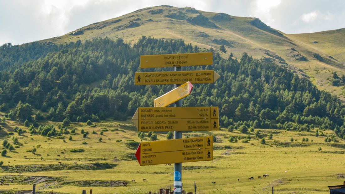 <strong>This way:</strong> Signs point the way along various hiking trails that criss-cross this remote region. Tusheti is only accessible around 4-5 months of the year, but is a paradise for hikers looking to chart new territory.<br />