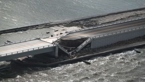 Aerial photo of the damaged Sanibel Causeway that connects Fort Myers to the island community.